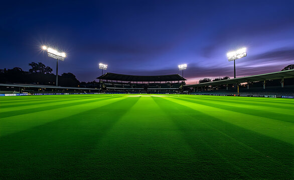 Illuminated cricket ground under twilight sky, showcasing vivid green field and stadium seating in atmospheric nighttime setting