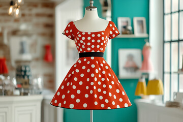 A vibrant 1950s style dress with a polka-dot design is showcased on a mannequin in a charming vintage store. The bright colors and flared skirt draw attention in a cozy setting