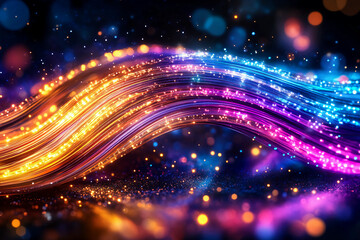 Naklejka premium Title: Extreme close-up of a bundle of fiber optics with vibrant, colorful beams of light bursting from the strands, creating an energetic and dynamic visual representation