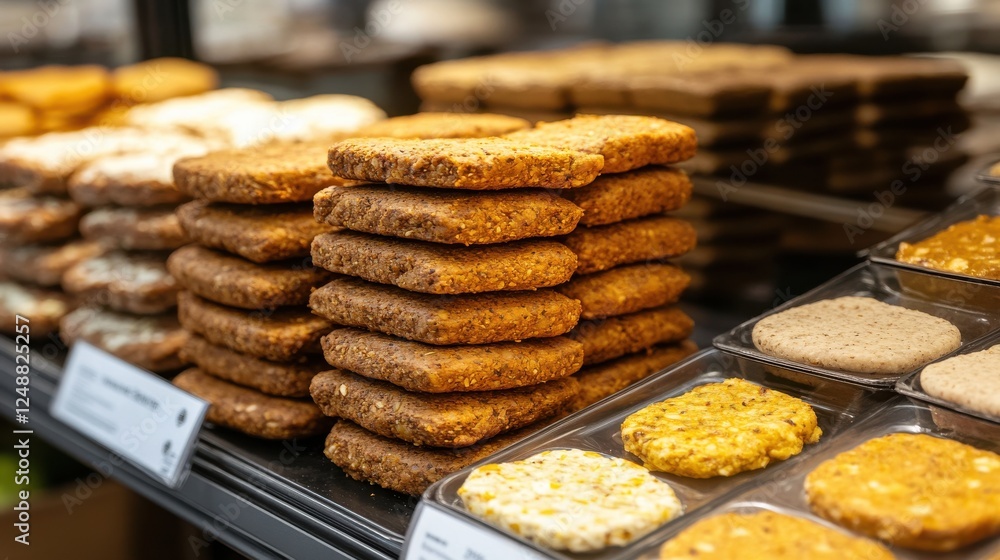 Poster stacked cookies in a bakery display, showcasing various flavors and textures in a cozy setting