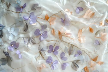 Obraz premium a delicate tapestry of intertwined botanical motifs, featuring hand-woven silk threads creating dimensional flower patterns, soft pastel colors with metallic accents, natural light