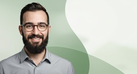 Obraz premium Professional Headshot of a Bearded Man in Glasses on Modern Abstract Background for Corporate and Business Use