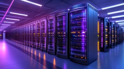 High-tech server room with glowing illuminated servers and racks. Generative AI
