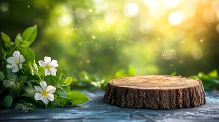 Wooden Tree Stump Surrounded by Green Leaves and White Flowers in a Sunlit Forest. Generative AI