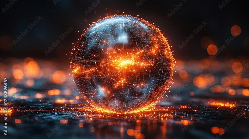 Poster glowing holographic sphere symbolizing global sentiment data analysis and trends