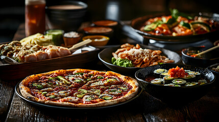 Obraz premium An array of delectable dishes, including pizza, sushi and pasta artfully arranged on a dark wood table.