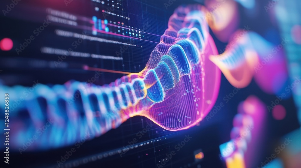 Poster dynamic representation of a dna helix with vibrant colors and digital elements, illustrating genetic