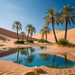 Fototapeta premium The vibrant palms stand in stark contrast to the dry, golden sands, providing much-needed shade and life to the surrounding area.