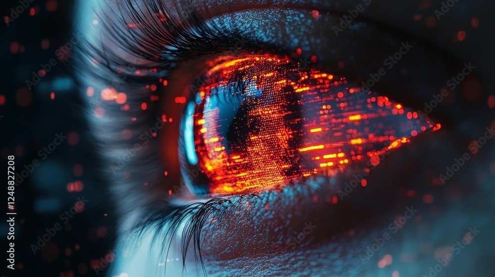 Poster robotic eye scanning glowing database for fraud alerts in bold colors cybersecurity concept