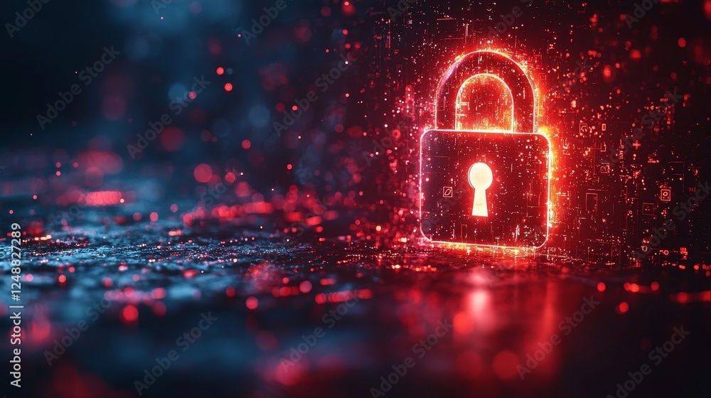 Poster glowing lock icon breaking into digital alerts visualizing fraud detection concept