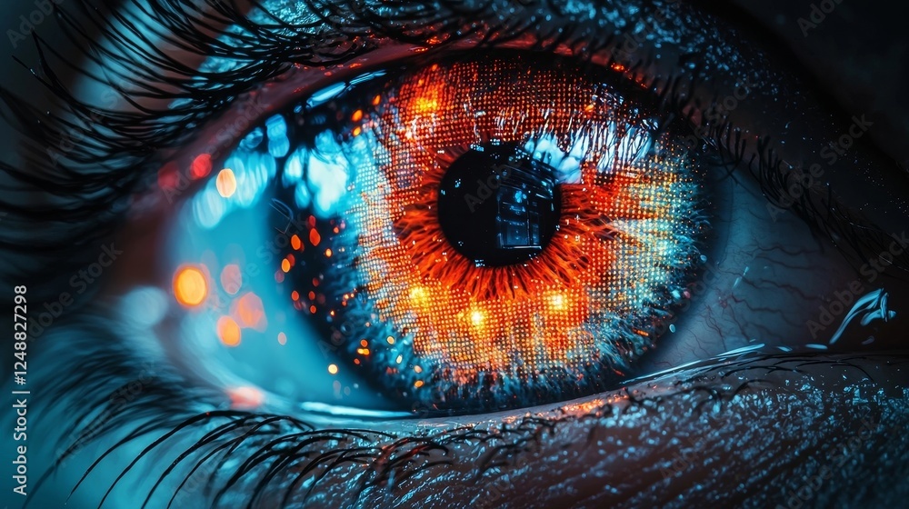 Poster robotic eye scanning glowing database for fraud anomaly detection in bold colors