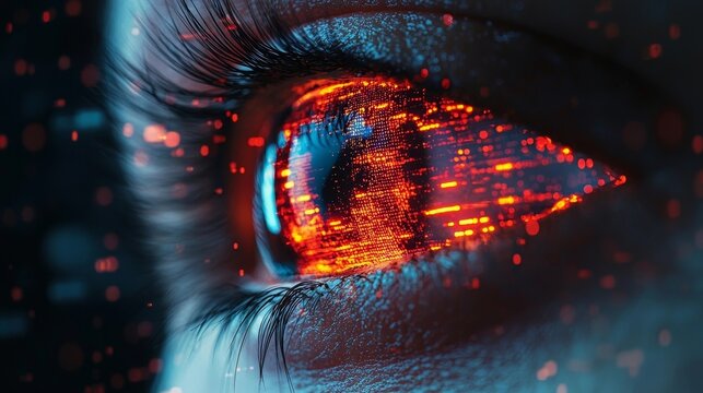 Robotic Eye Scanning Glowing Database for Fraud Alerts in Bold Colors Cybersecurity Concept