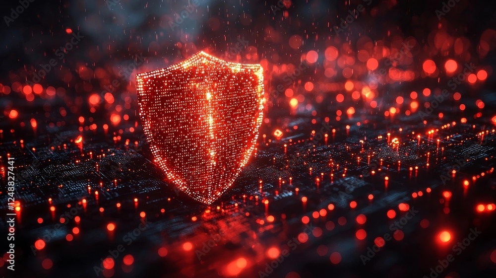 Poster cyber shield blocking a wave of glowing red fraud icons symbolizing strong fraud detection and preve