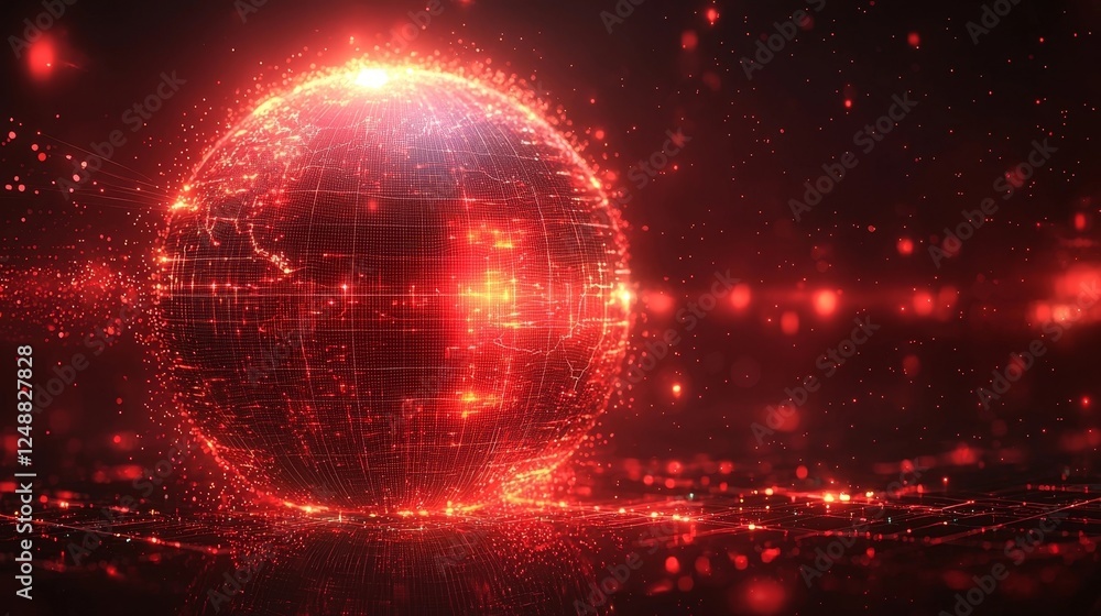 Poster glowing wireframe globe with fraud detection hotspots and transactional data streams