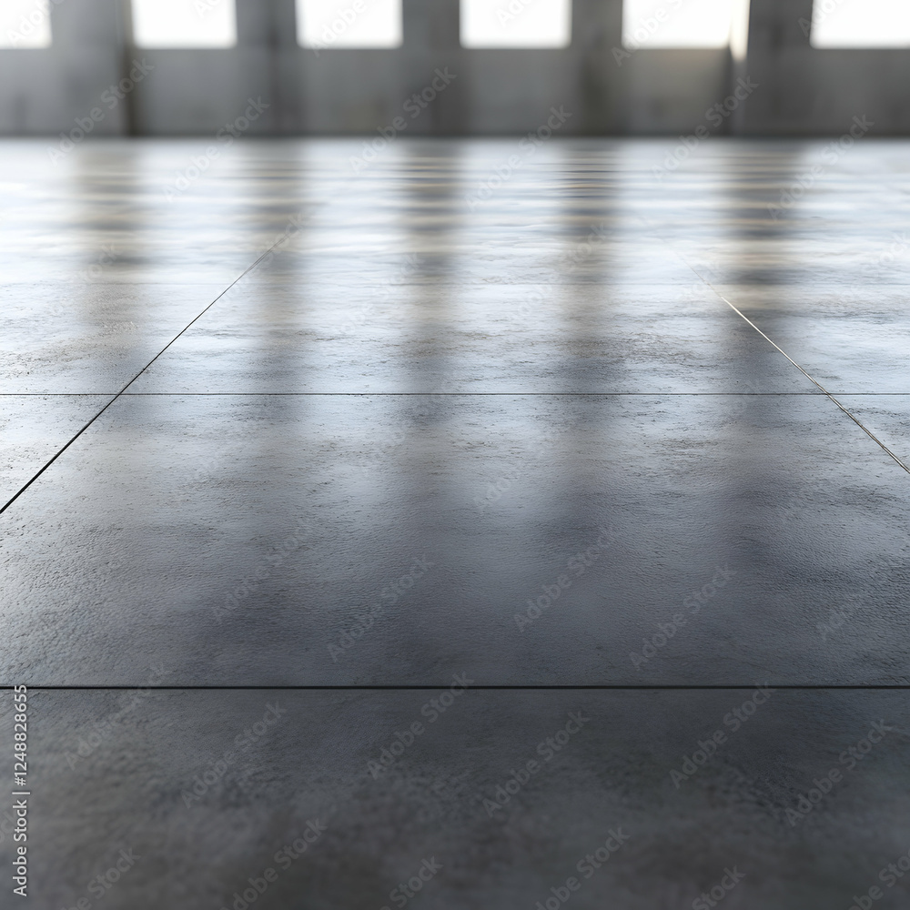Poster sleek modern architecture, illuminated gray tiled floor in a minimalist interior with soft window li