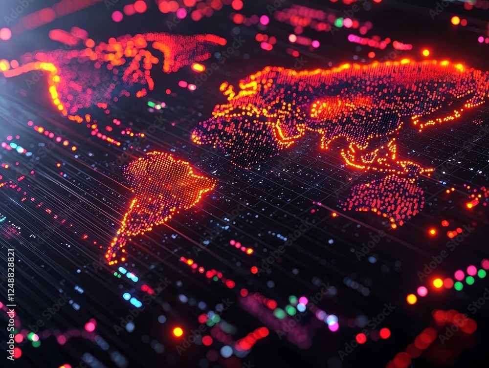 Poster glowing sentiment map visualizing global trends and connections through dynamic data streams