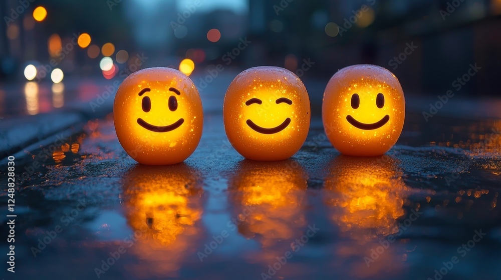 Poster minimalistic app interface showing customer sentiment analysis with glowing smiley faces neutral bar