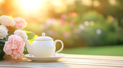 Elegant white teapot and floral teacup in garden setting, afternoon tea with blooming flowers English tea time Floral teaware Romantic tea setup