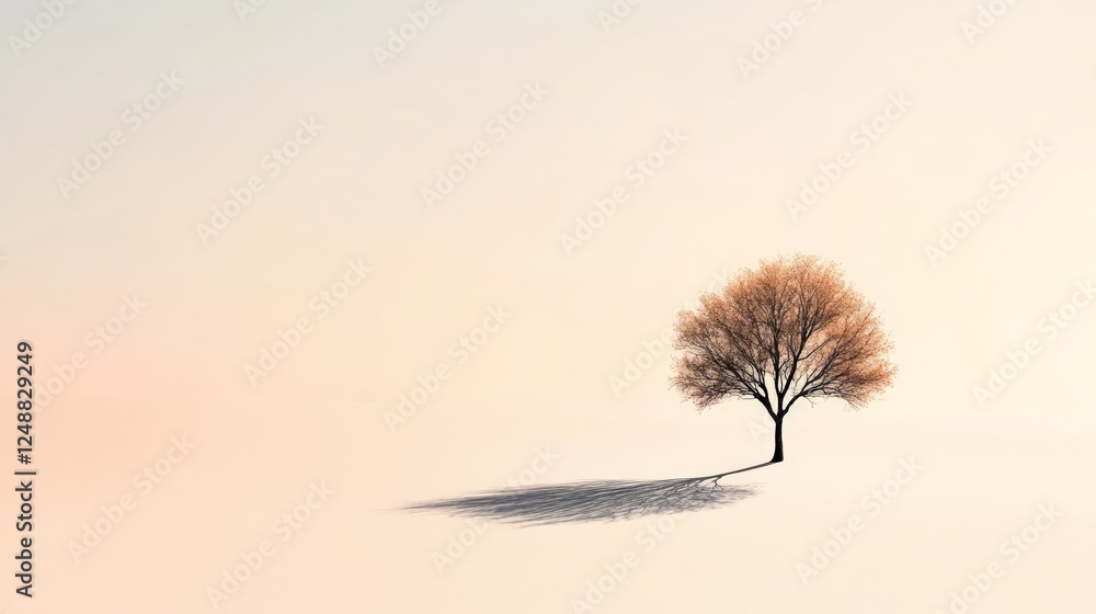 Poster minimalist landscape featuring a solitary tree casting a long shadow on a flat, empty terrain during