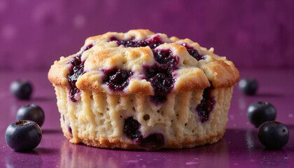 Blueberry muffin with fresh blueberries around it on a purple background

