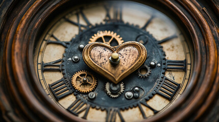 Obraz premium Close-up of an antique clock face. The clock's hour hand points to 2 o'clock, revealing gold filigree heart and gears. A steam punk aesthetic is evident.