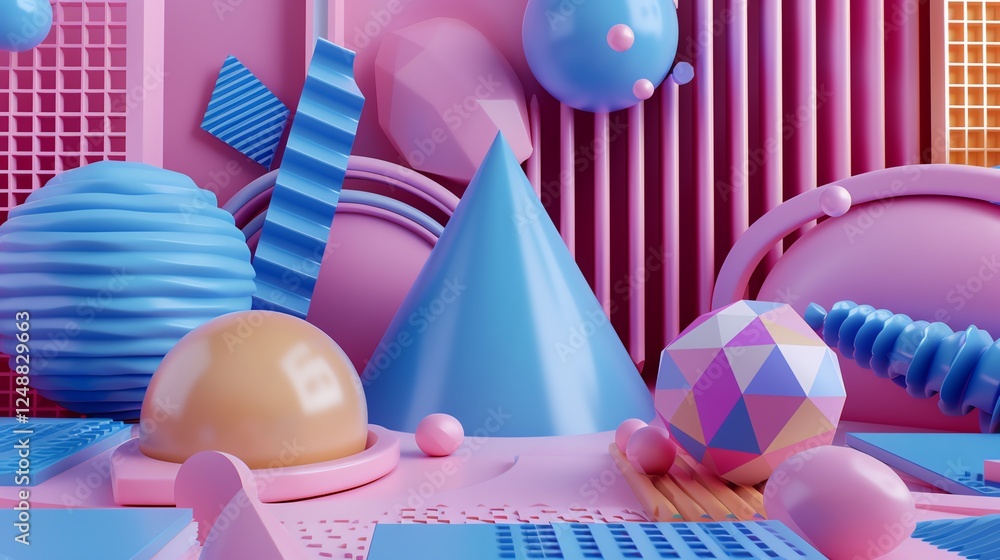 Poster 3d render of colorful geometric shapes and objects on a pink background.