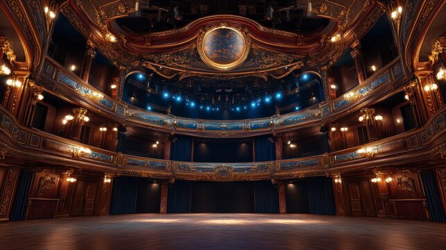 Stunning Interior of a Grand Royal Theater with Elegant Decorative Elements and Dramatic Lighting Effects