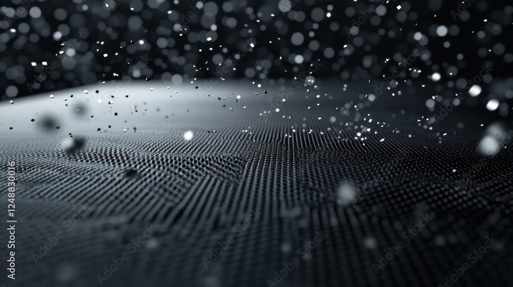 Poster dynamic visualization showcasing particles floating over a textured surface, symbolizing scientific 