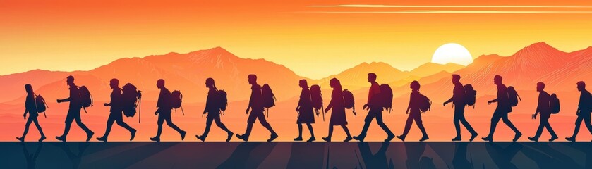 Fototapeta premium A silhouette of travelers walking towards a vibrant sunset, surrounded by mountains, symbolizing adventure and exploration, Evacuation