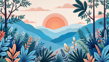 Vibrant sunset over the mountains framed by colorful  plants