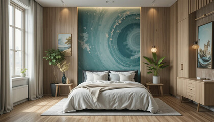 Modern bedroom with ocean wave artwork