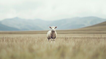Fototapeta premium Sheep standing in a field, mountains in background; pastoral scene