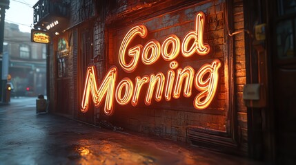 A vibrant 'Good Morning' neon sign illuminates a wet street, creating an inviting atmosphere. Perfect for depicting positivity, urban life, and the fresh start of a new day.