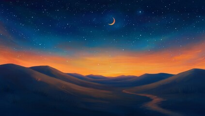 Fototapeta premium Desert sunset, crescent moon, starry night sky, valley landscape, travel poster