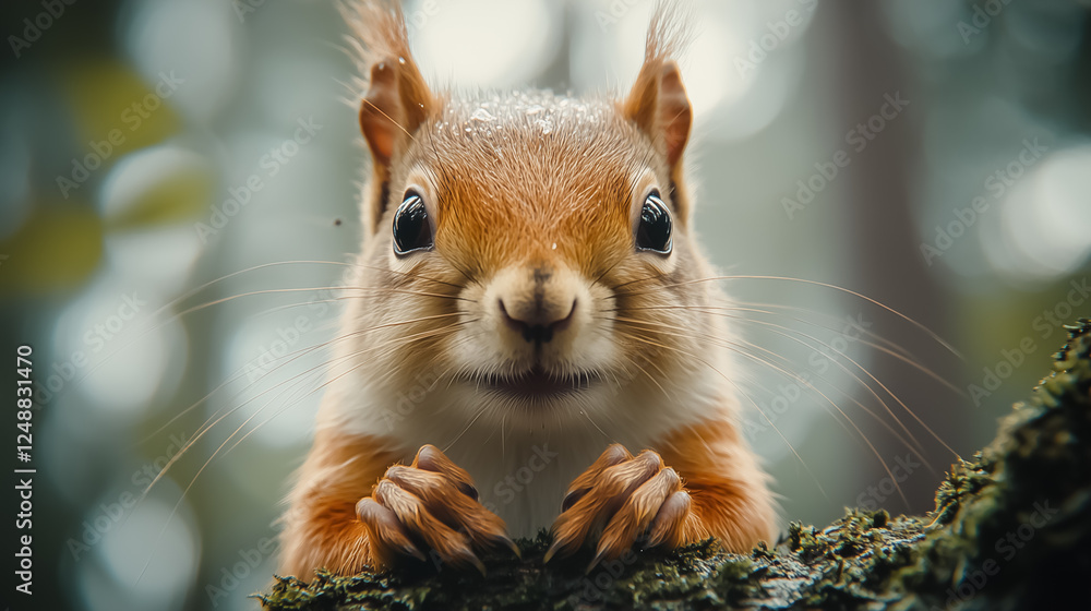 Aufkleber a curious red squirrel is gazing at the camera while perched on a mossy tree branch in a dense fores
