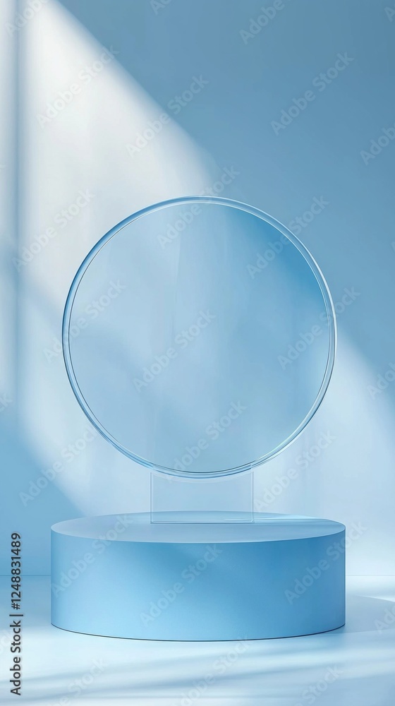 Poster modern 3d podium stand showcases an elegant circular glass backdrop, ideal for displaying products i