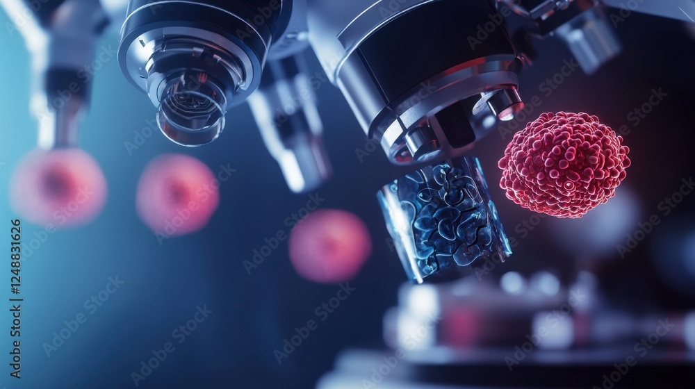 Poster advanced microscope is examining virus and bacteria samples, conducting detailed analysis for scient