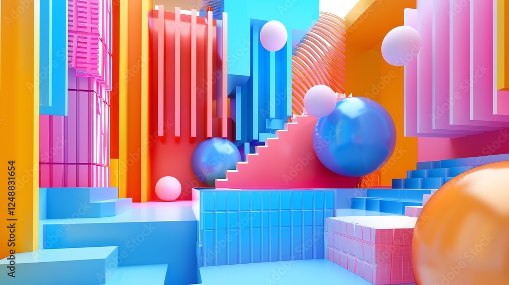 Poster abstract 3d render of colorful geometric shapes and objects.