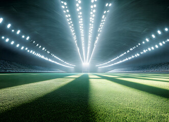 Obraz premium Illuminated football stadium with vibrant green field and rows of stadium lights casting long shadows and creating a dramatic atmosphere