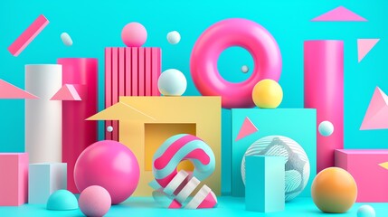 Fototapeta premium Colorful 3D geometric shapes on a blue background.