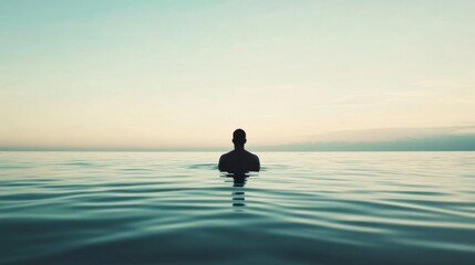 Solitary swimmer at sunrise, calm sea, peaceful dawn