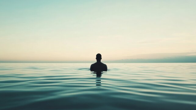 Solitary swimmer at sunrise, calm sea, peaceful dawn