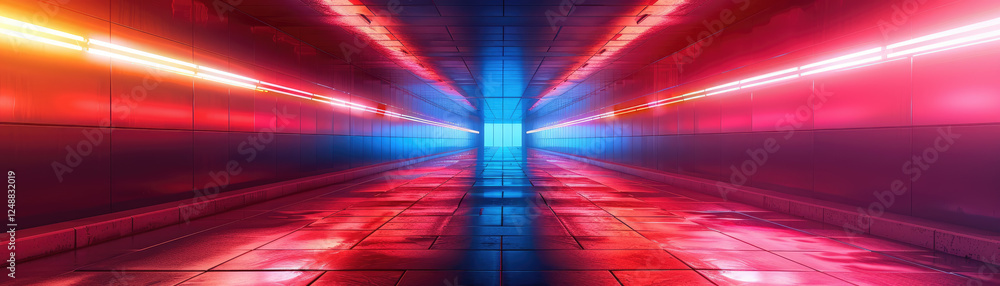 Poster dynamic motion in a futuristic tunnel with neon lights sci-fi environment perspective
