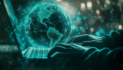 Hands crafting global digital future, innovating with technology on a laptop, connecting worldwide through a neon earth model representation