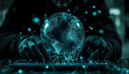 Cyber Intrusion, A hooded figure manipulates a digital globe, symbolizing global cybercrime and the constant threat of digital espionage
