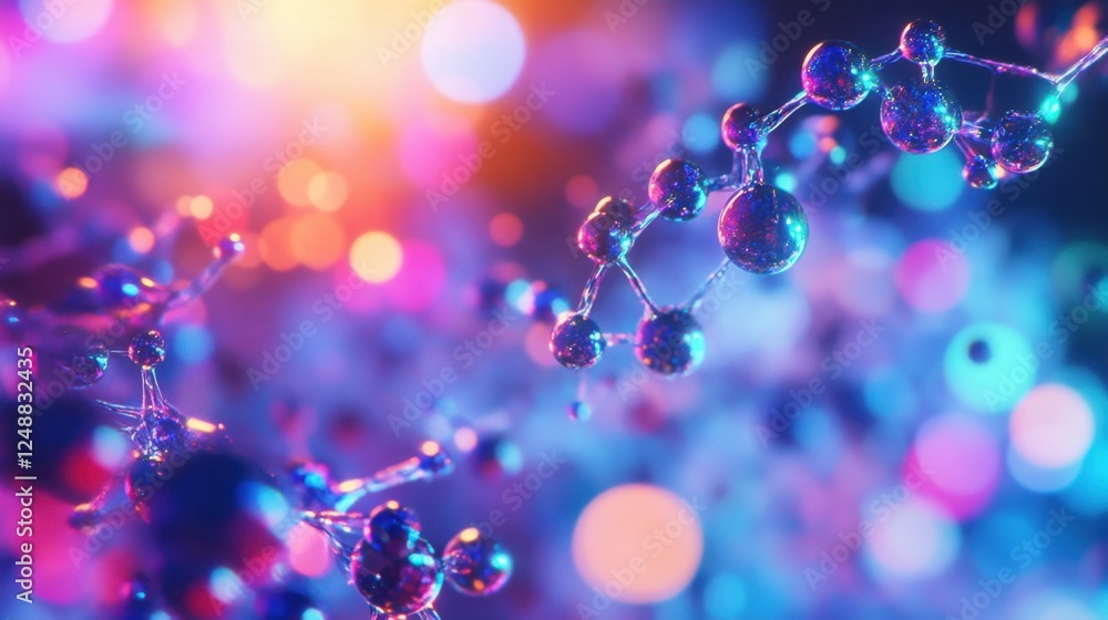 Poster dynamic depiction of a molecular structure, highlighted against a vibrant, colorful bokeh background