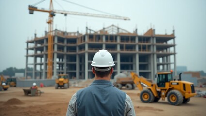Construction engineer overseeing building progress at a site with heavy machinery.