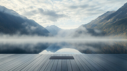 Serene Mountain Lake Yoga Deck View. Peaceful Morning Mist Reflection.