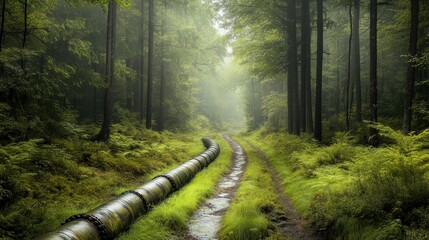 Serene forest pathway with a pipeline running alongside, surrounded by lush greenery and mist