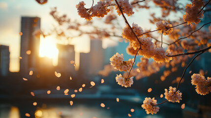 A Delicate Dance of Cherry Blossoms at Sunset in the City